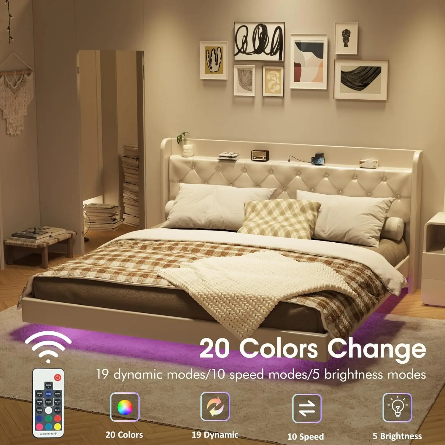 2025 White King Size Floating Bed Frame with LED Lights, Upholstered PU Leather Platform Bed Button Tufted Headboard Storage 6