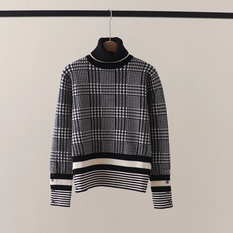 

Autumn/Winter New TB French Hepburn Style High Neck Contrast Bird Checker Stripe Long Sleeve Loose knit Sweater