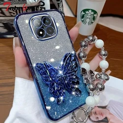 Glitter Plating Phone Case with 3D Butterfly Holder and Bead Bracelet for Redmi 14C (Blue)
