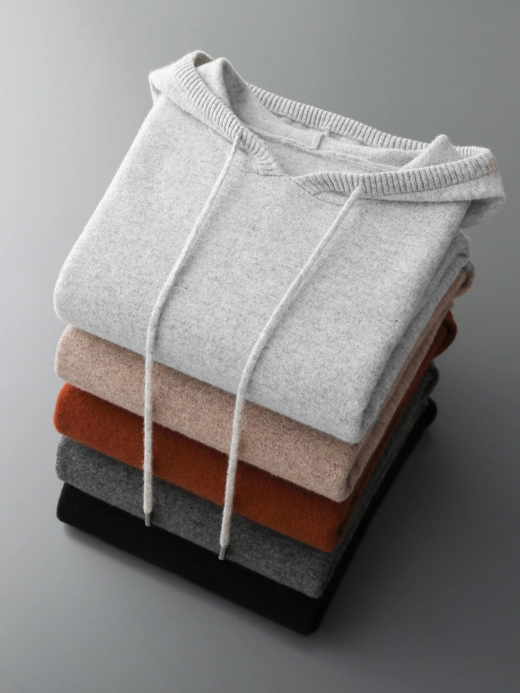 CHICUU Men Hooded Pullover Sweater Autumn Winter Thick 100% Merino Wool Knitwear Long Sleeve Casual Style Clothing Tops 6