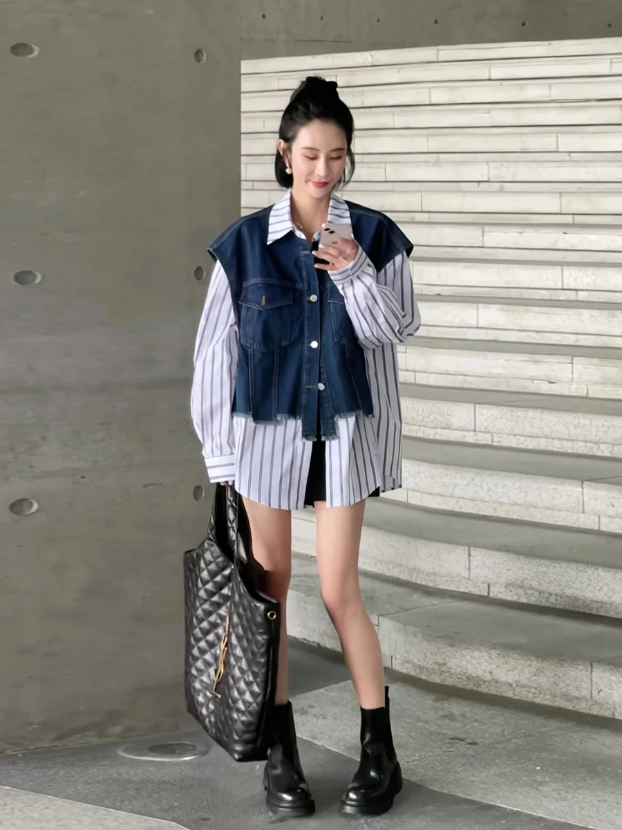 

SuperAen Korean Contrast Stitched Denim Vest Fake Two-piece Shirt Women's Autumn New Design Striped Top