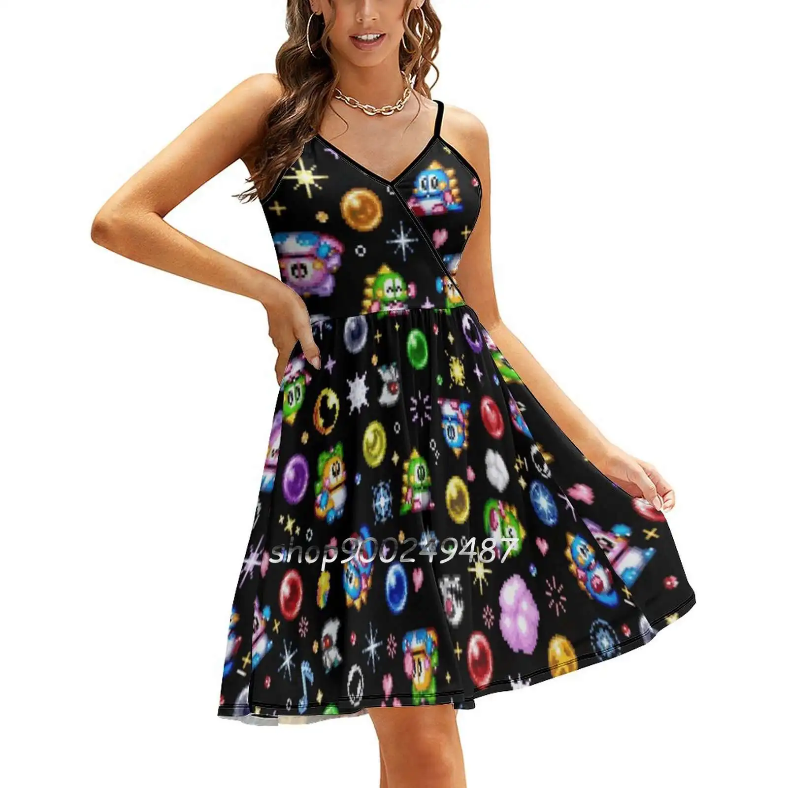 Bubble Bobble-Black Sling Dress Women Summer Printing Condole Belt Dresses Bubble Bobble Puzzle Bobble Bub Bub Puzzle Bubble