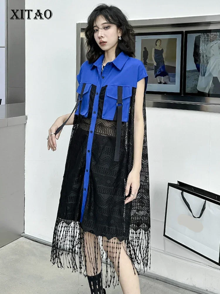 

XITAO Patchwork Casual Dress Women Korea 2024 Summer New Arrival Fashion Loose Turn-down Collar Single Breasted Dress ZY7350