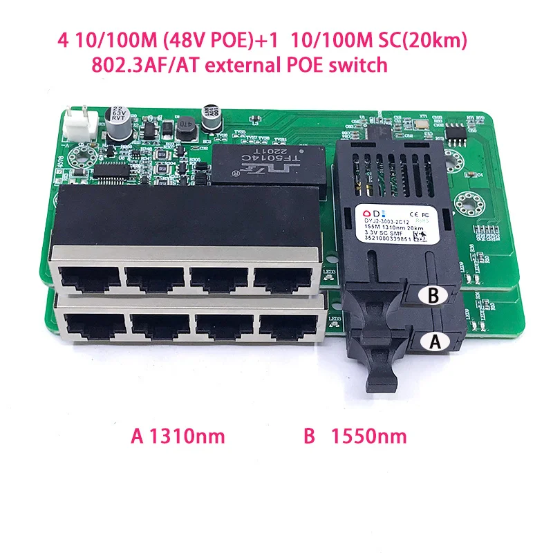 

Standard protocol 802.3AF/AT 48V POE OUT/48V poe switch 4 10/100 mbps POE poort;1 10/100 mbps SC 20KM poe switch