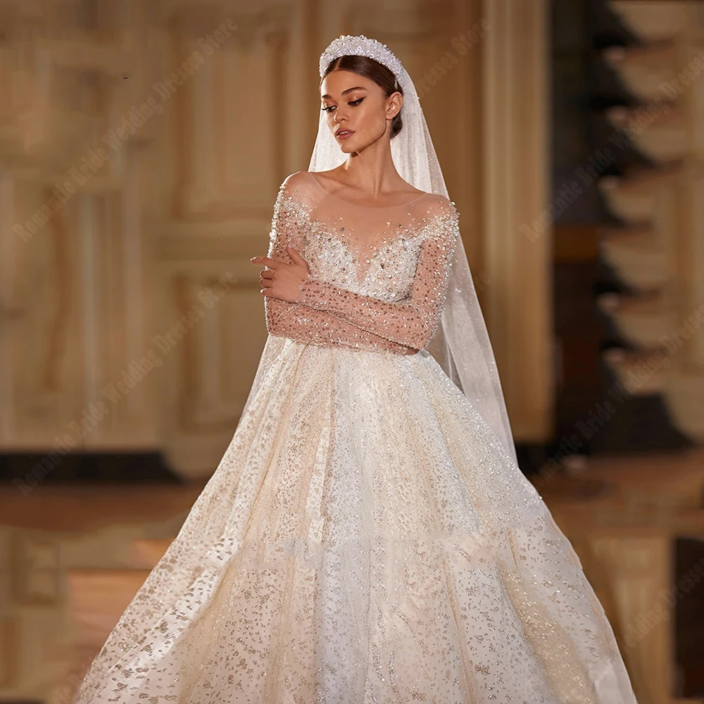 Luxury V-Neck Women Wedding Dresses Bright Sequin Bridal Gowns A line Mopping Length Long Sleeves Vestidos De Novias Customized 2
