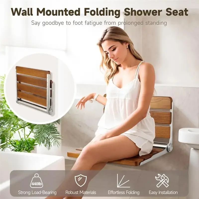 Folding Shower Seat Waterproof Wood Shower Bench Wall Mounted Fold Down Wood Stool Home Care Chair Bench For Pregnants