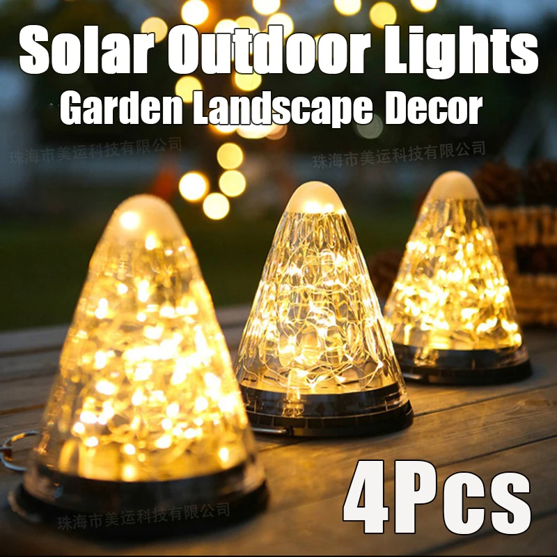4Pcs LED Solar Diamond Sky Lights Outdoor Cone Star Waterproof Lawn Garden Landscape Courtyard Balcony Party Decor Pendant Lamps