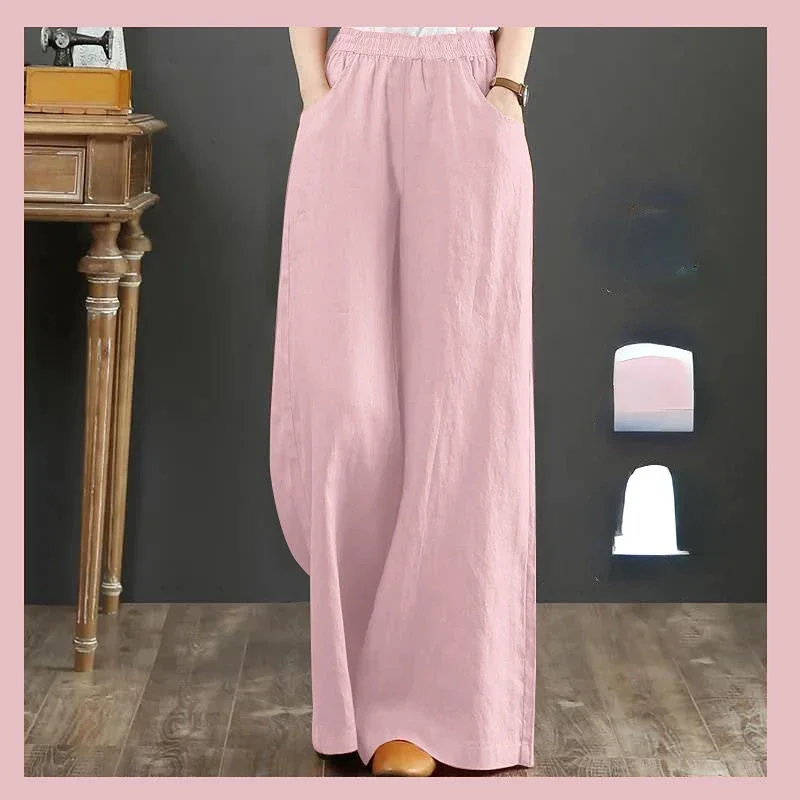 Pure Linen Plus Size Women's Long Pants Wide Leg Pants Elastic Waist Cotton and Linen Spring Summer Korean Retro Fashion Leisure