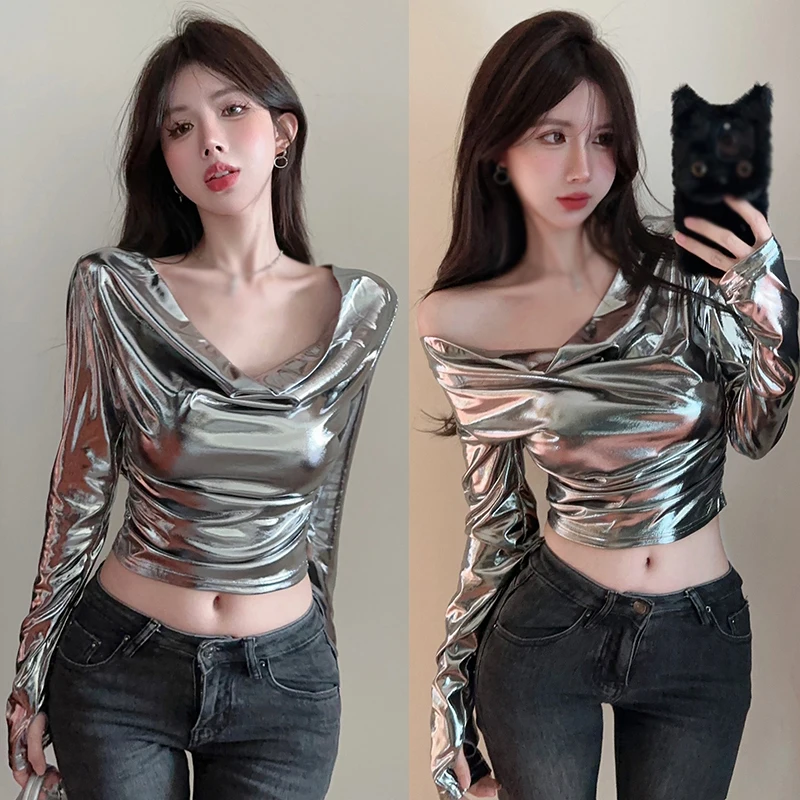 7093 Autumn Vintage Glossy Swing Neck Slim Sexy Crop Top