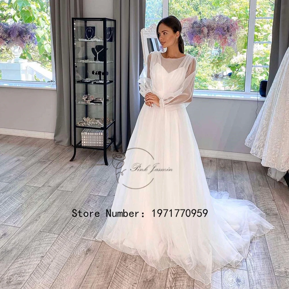 

Simple O Neck Wedding Dresses For Women 2023 New Classic Full Sleeves Court Train Bridal Gowns With Soft Tulle Robe De Mariée