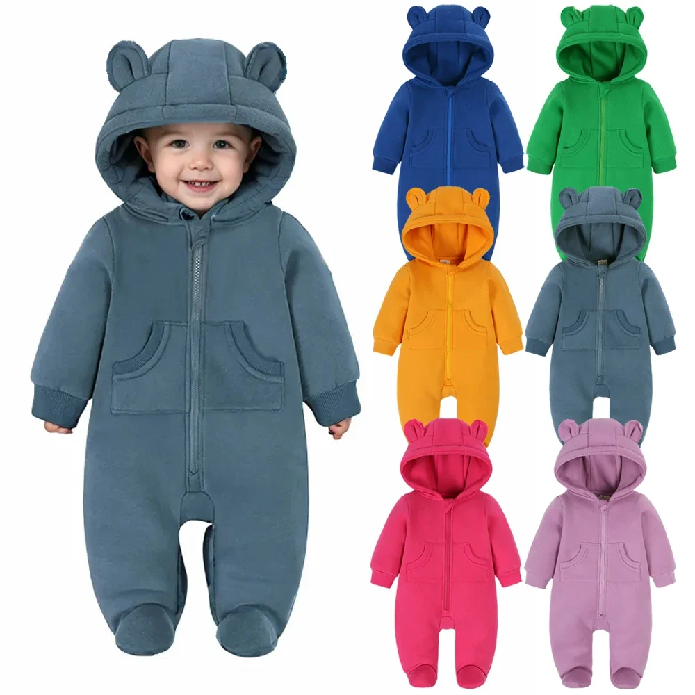 

2023 Newborn Baby Winter Warm Romper Solid Pocket Hooded Bear Thick Clothes 0-24M Infant Korean Boy Girl Outfits Bodysuit