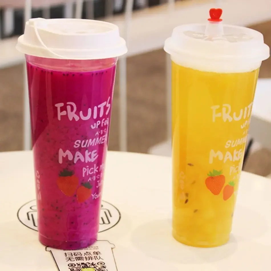 100pcs Disposable Printed Milk Tea Cups 90 Caliber 700ML Beverage Juice Cup Transparent Food Grade Plastic U-shaped Beverage Cup