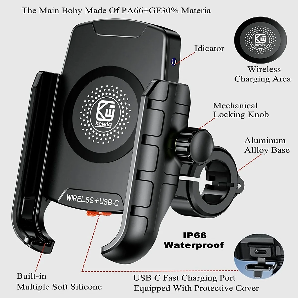 Wireless Charging Motorcycle Phone Holder with Quick Charge 3.0