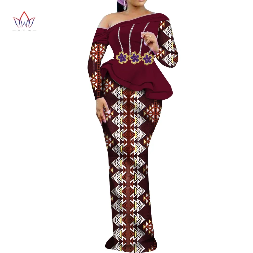 2 Pcs Sets Tops and Skirt Sets for Women Long Sleeve Women Skirt Set Dashiki Bazin Riche Party African Women Clothing wy9906 bazin riche men s suit african design clothing african men clothes casual men print shirts and pants 2 pieces sets a2216009