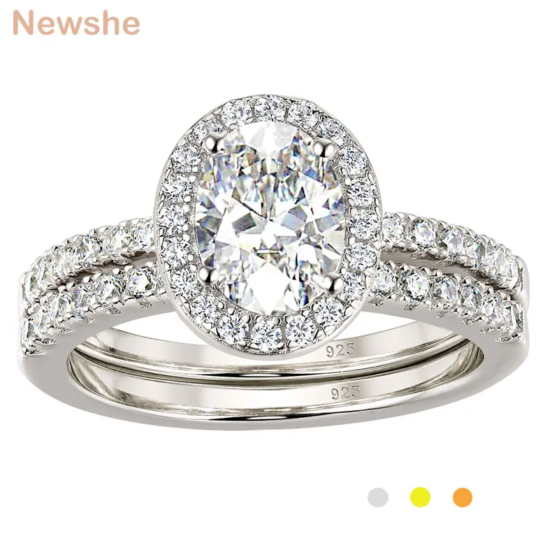 Newshe 2Pcs Halo Oval Cut Engagement Ring Wedding Set for Women Solid 925 Sterling Silver Dazzling AAAAA CZ Gold Jewelry