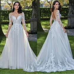 Romantic A Line Wedding Dresses Lace Appliques Sexy Sheer Neck Bridal Gowns Backless Long Sleeves Floor Length Robe de Mariee