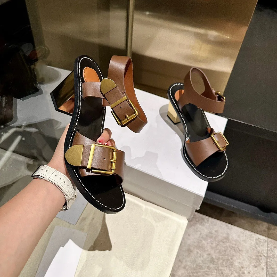 

Metal Square Buckle High Heels Leather Chunky Heel Sandals Luxury Brand High-End Women Shoes Retro Personality Pumps Summer 2023