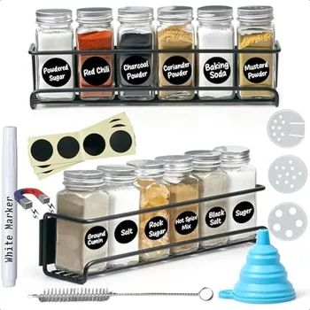 Magnetic Spice Rack Set of 18 Fridge Storage Shelf for Spices 12 Glass Spice Jars 12 Stickers 1 Chalk Marker 1 Funnel 1 S S Cle