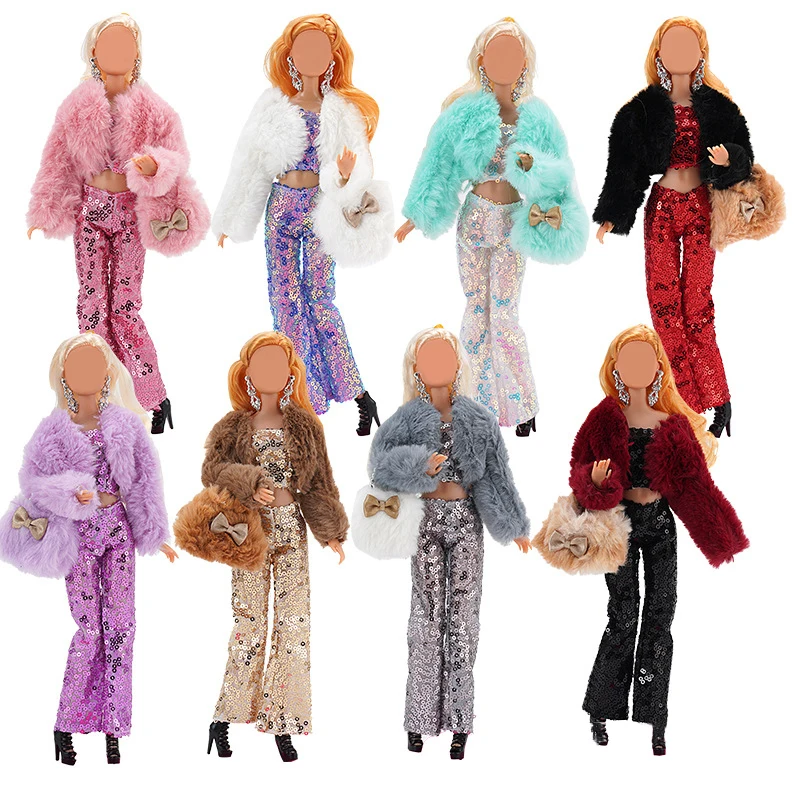 

1 Set Plush Vest Jacket Beaded Pants Bag Set For Doll Winter Wear Girl Dolls Wearing Sets For 30cm Doll Clothes Accessories