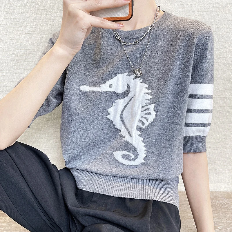 

2022 new spring and summer TB women's round neck cashmere T-shirt star same 5-sleeve cashmere sweater Pullover short sleeve