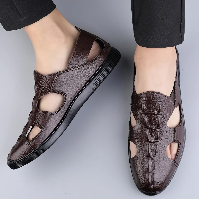

Summer Men Black/Brown/Grey Sandals Soft Leather Shoes Anti Slip Hollow Out Casual Male Sandals Comfortable Business Men Shoes