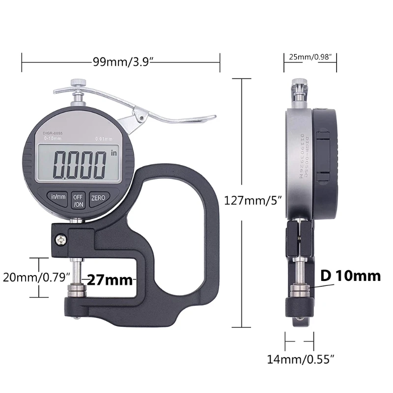 Digital thickness gauge 0.4 inch/10 mm 0.0005"/0.01mm thickness meter metric/inch paper/film/fabric/tape test thickness gauge