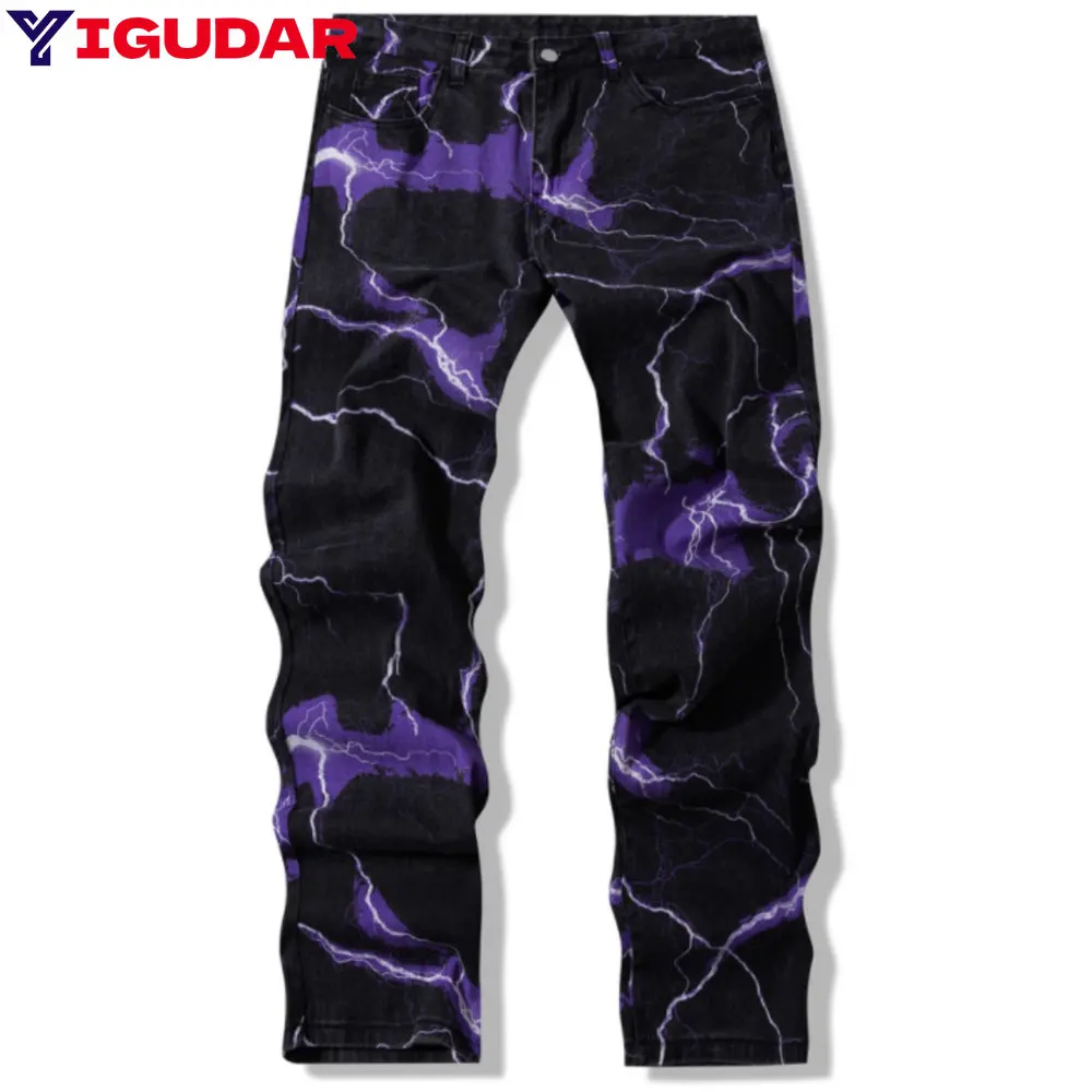 

Lightning Print Tie Dye Men Straight Y2K Jeans Trousers New Hip Hop Vintage Japanese men Denim Pants Ropa Hombre streetwear