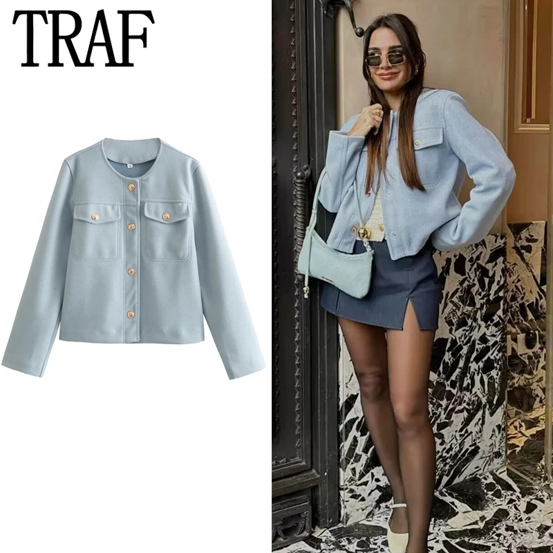 

TRAF Cropped Jackets Women's Coat Spring Summer 2024 O-Neck Long Sleeve Top Fashion Female Jacket New Arrivals New In Outwears