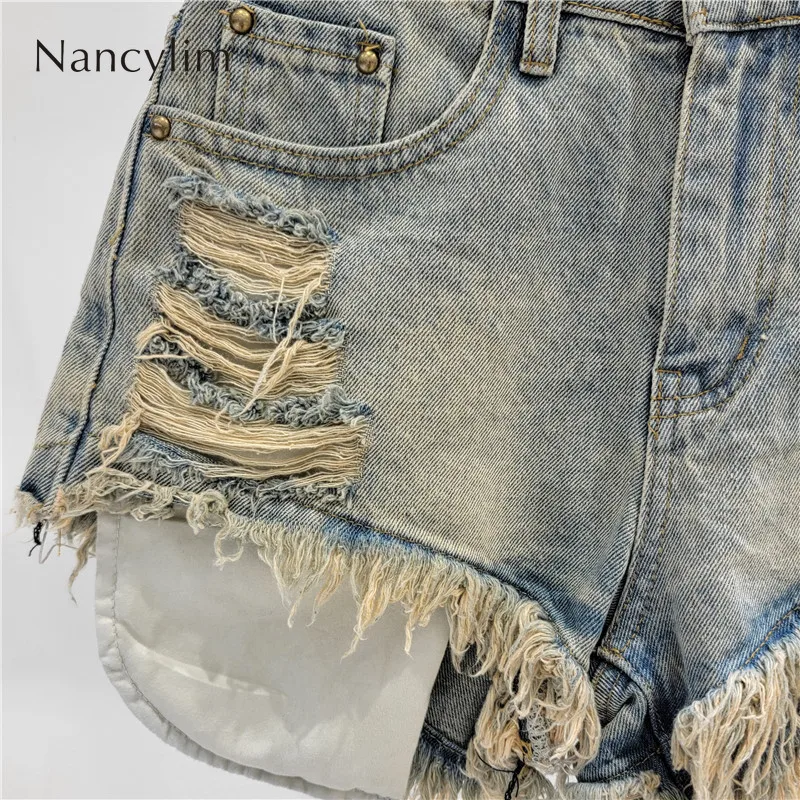 American Hot Girl Style Street Ripped Denim Shorts Female 2024 Summer High Waist Sexy Tassel Frayed Edge Hot Pants for Women