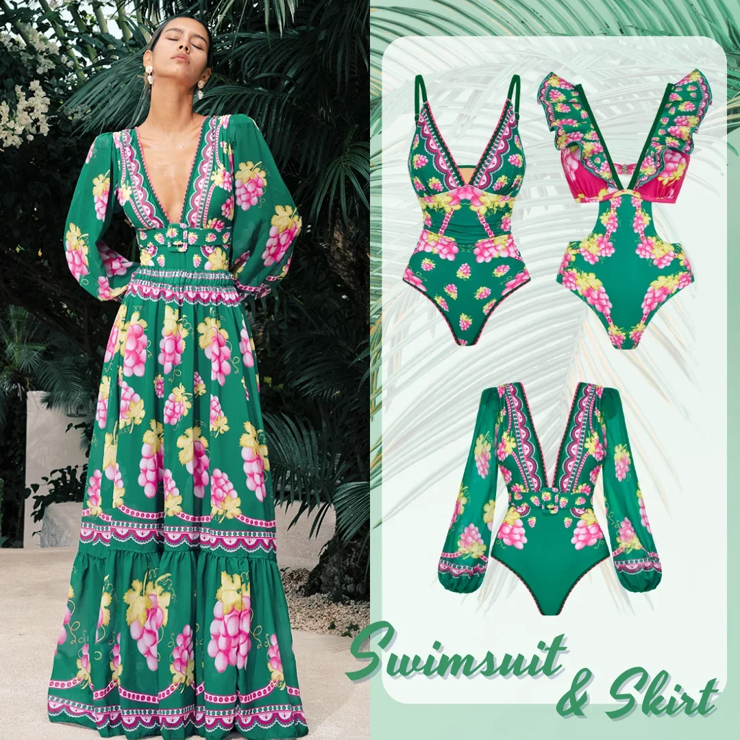 2024 Women Swimsuit Set   Retro V Neck Retro Green Grapes  Swimwear Beachwear Bathing Suit Bikini Monokini  Bodysuit tankini