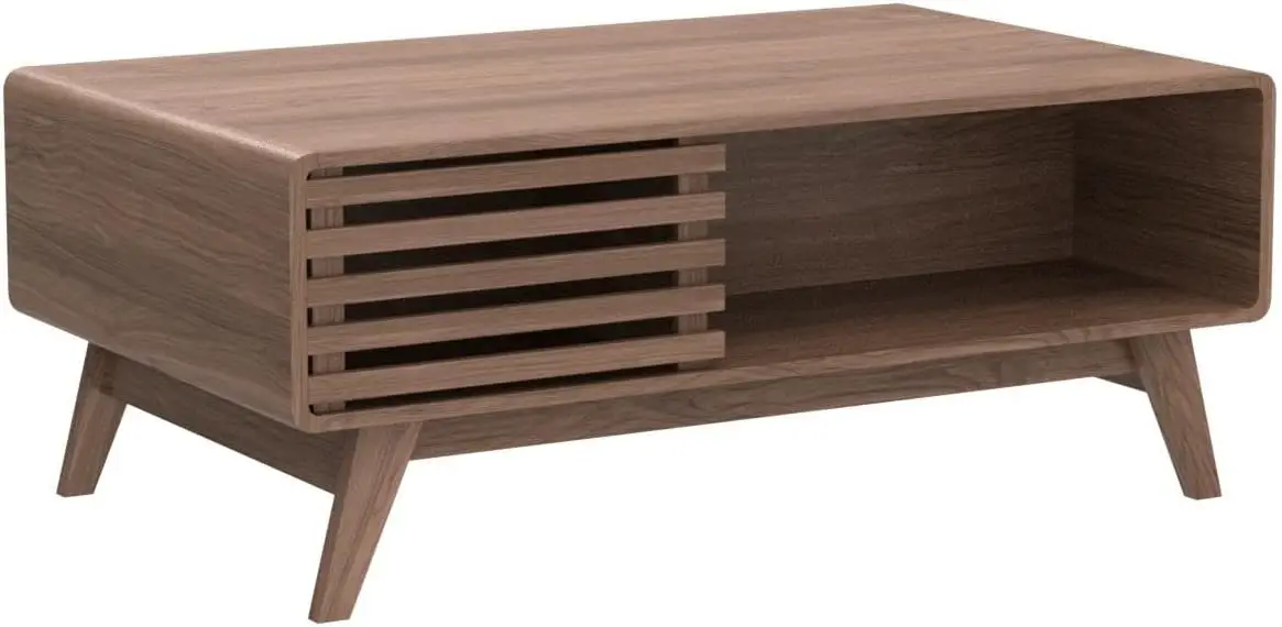 

Modern Rectangle Coffee Table w/ Dual Storage Shelf,Wood Slat Sliding Door & Rounded Edge Protection for Living Room, Walnut/Oak