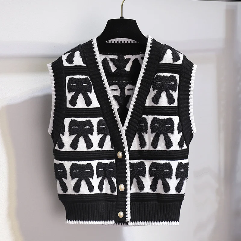 Women Sweater Dress Two Peice Suit 2023 Autumn Winter Knitted Print Vest+Round Neck Knee-Length Dress Outfits Korean Basic Set