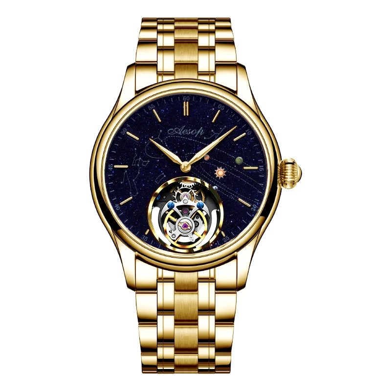 Aesop Classic Tourbillon Orologio da uomo quadrante in pietra arenaria blu Movimento tourbillon Orologi da polso meccanici Sapphire Orologio da uomo impermeabile 7050 (Oro/inossidabile