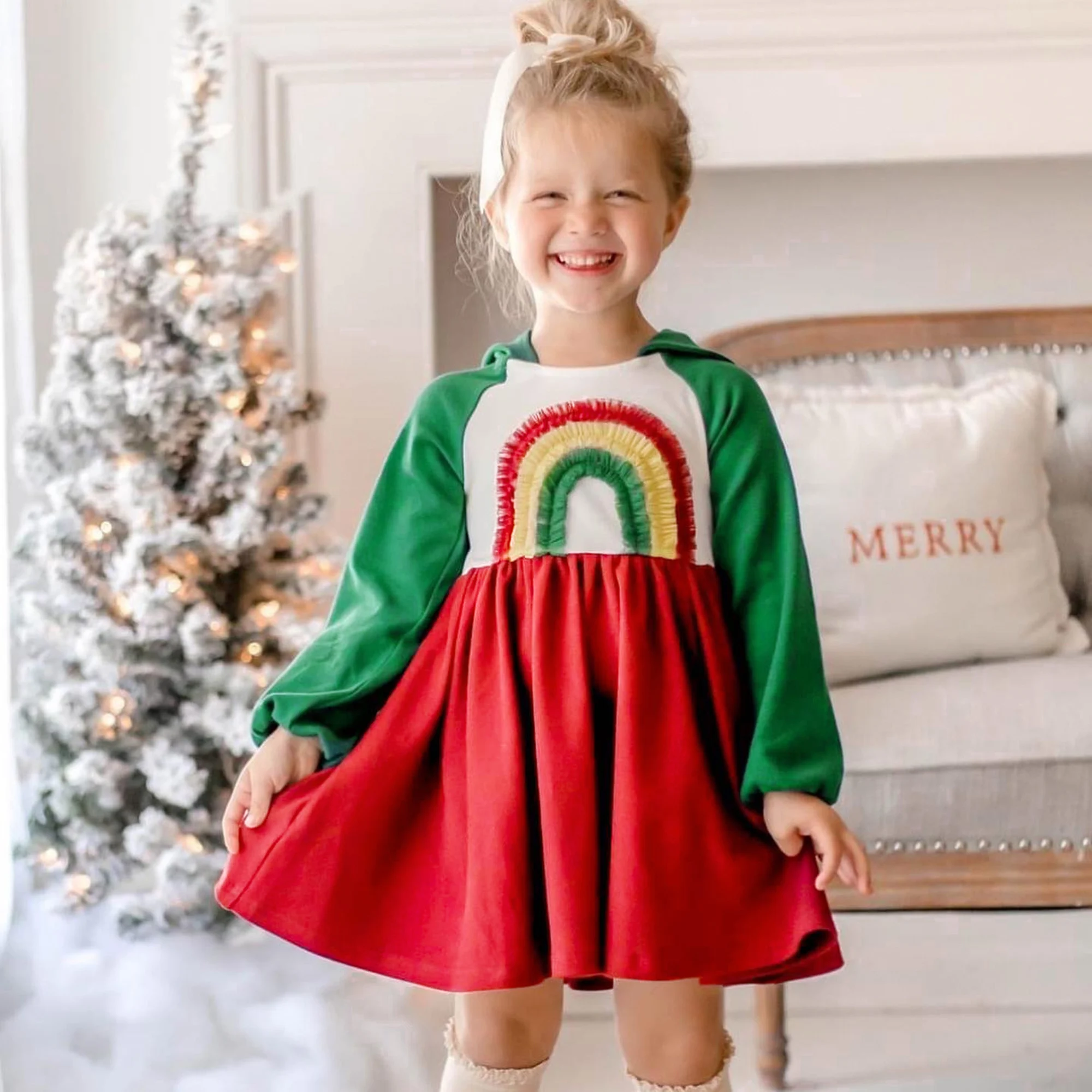 

【Ready Stock】 Girl Kids Dress Clothes Rainbow Autumn Winter Long Sleeve Hooded Children Party Princess Dresses 2 3 4 5 6 7 Years