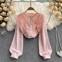 

Lantern Sleeve O Collar Flower Lace Patchwork Chiffon Shirt Femme Blusas All-match Women Lace Ruffle Blouse Button White Top New