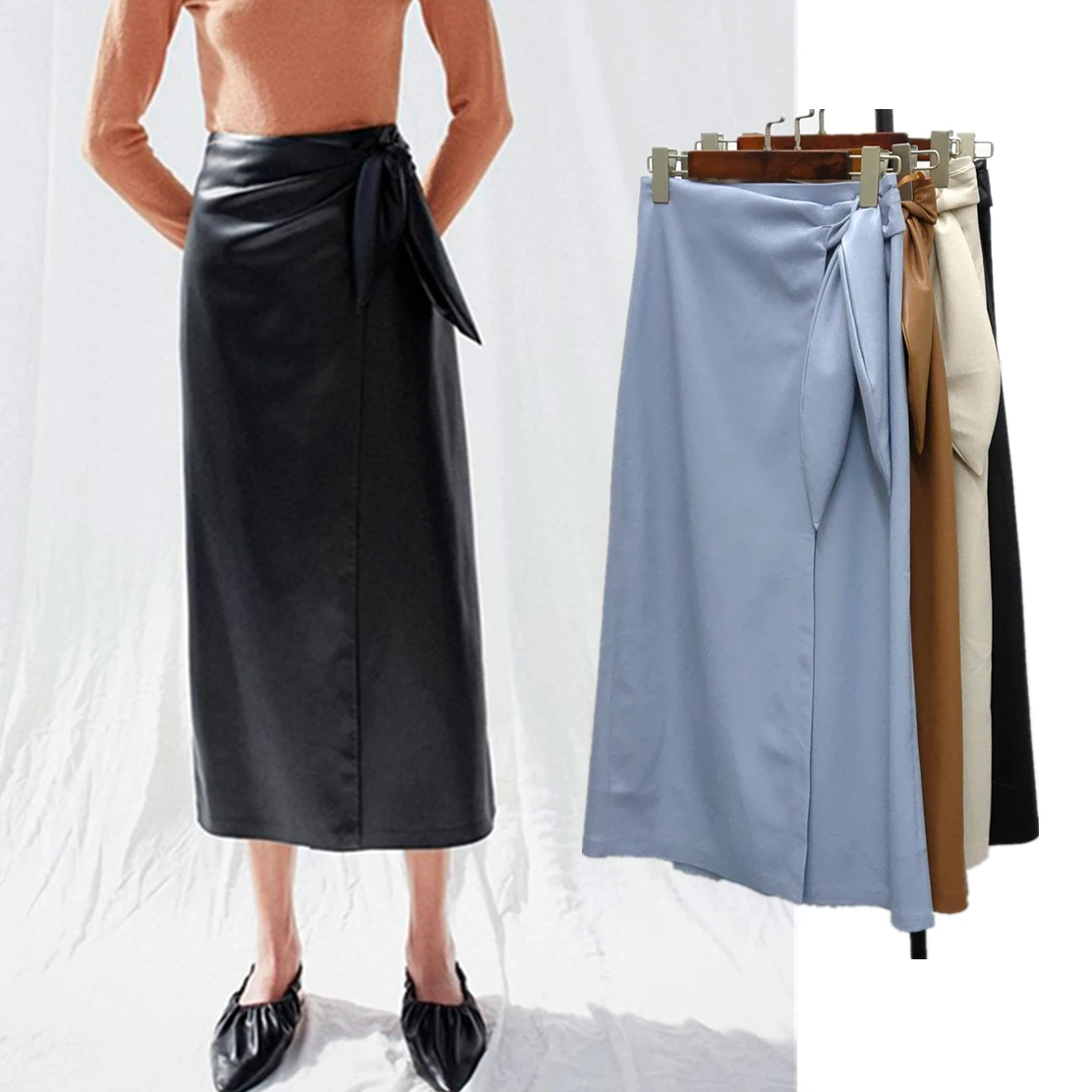 Maxdutti French Fashion Casual Commuter Mid length Skirts Women Spring 2024 Artificial Leather High Waist Wrapped Skirt washable trendy artificial wool overcoat waist belt accessory coat waistband brushed plush for school