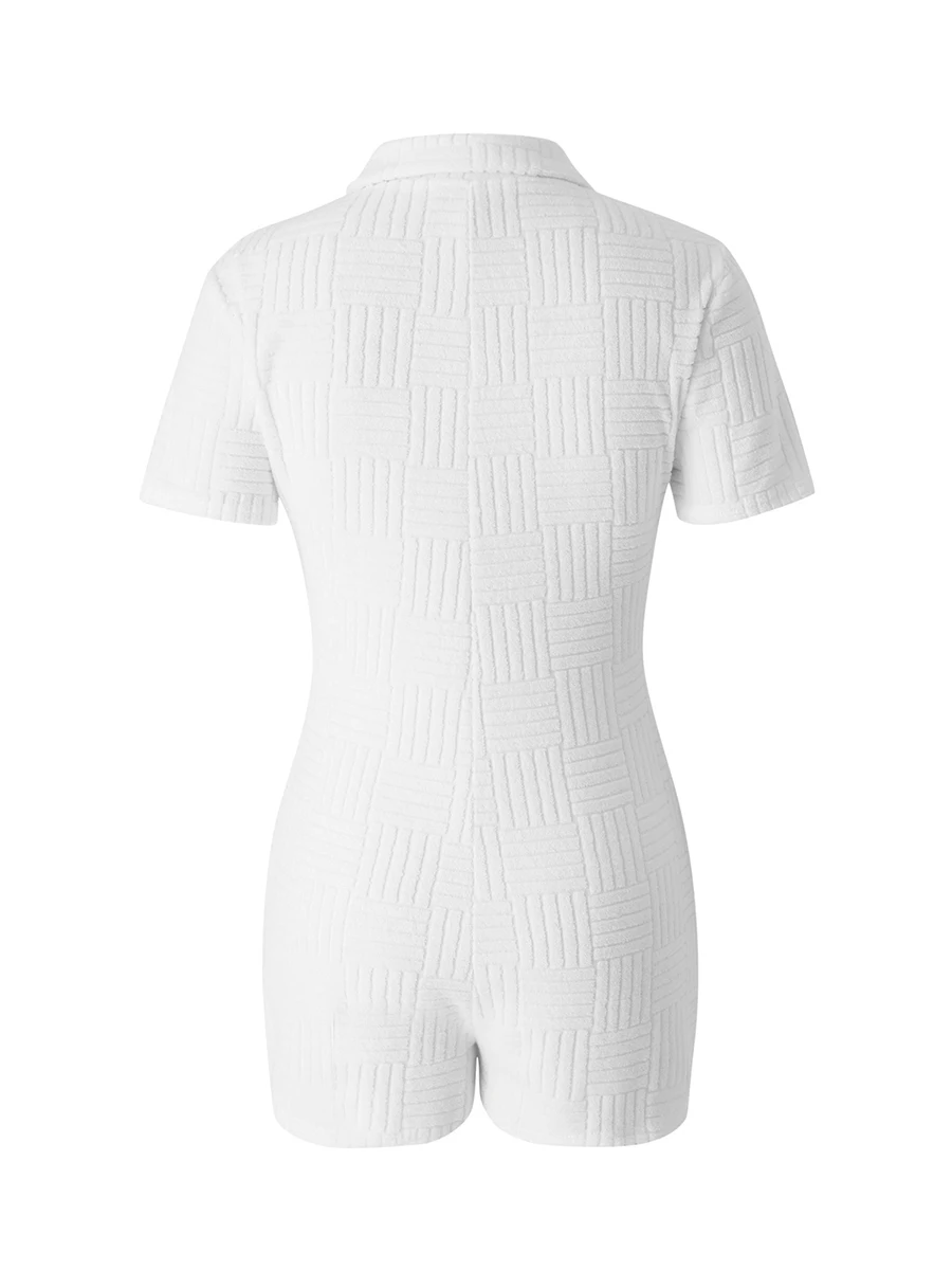 

Pivanzore Women Short Sleeve Ribbed Knit Bodycon Rompers Solid Color Collar Button Jumpsuit Fashion Y2k Sexy Slim Playsuit