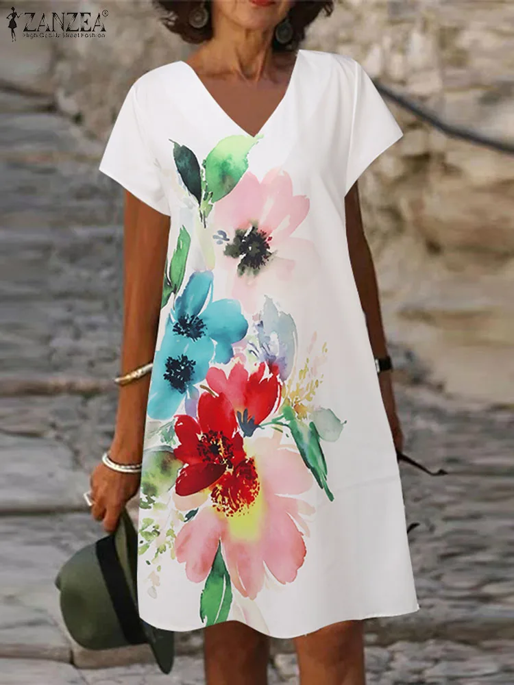 

ZANZEA Fashion Women Summer Dress Bohemian Short Sleeve Dresses Retro Floral Printed Sundress Elegant V Neck Holiday Vestidos