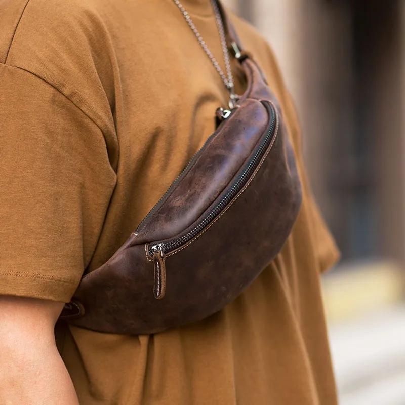 

AETOO Original handmade retro head layer Crazy Horse cowhide zipper leather multifunctional fashion mobile phone Fanny pack che