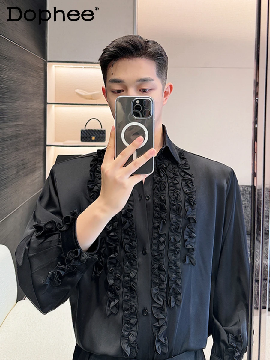 Spring Autumn Trendy Male Lace Shirts High-End Handsome Fashion Long Sleeve Solid Color Loose Shirt Single-Breasted Coats