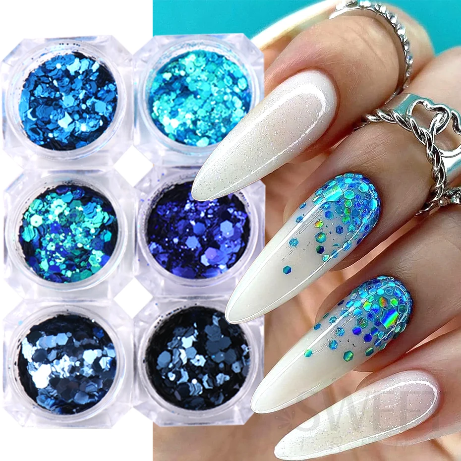 6Colors/Box Nail Art Mermaid Glitter Sequins Chunky Nail Glitter Sequins  Sparkly Flakes Holographic Glitter Slices For Nails - AliExpress