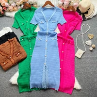 YuooMuoo Chic Fashion Sexy Package Hips Knitted Dress Women V-neck Single-breasted Bodycon Sweater Dress Office Lady Vestidos