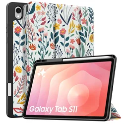 Slim Stand Soft TPU Back Protective Cover with S Pen Holder and Auto Wake Feature for Galaxy Tab S11 (Flower)