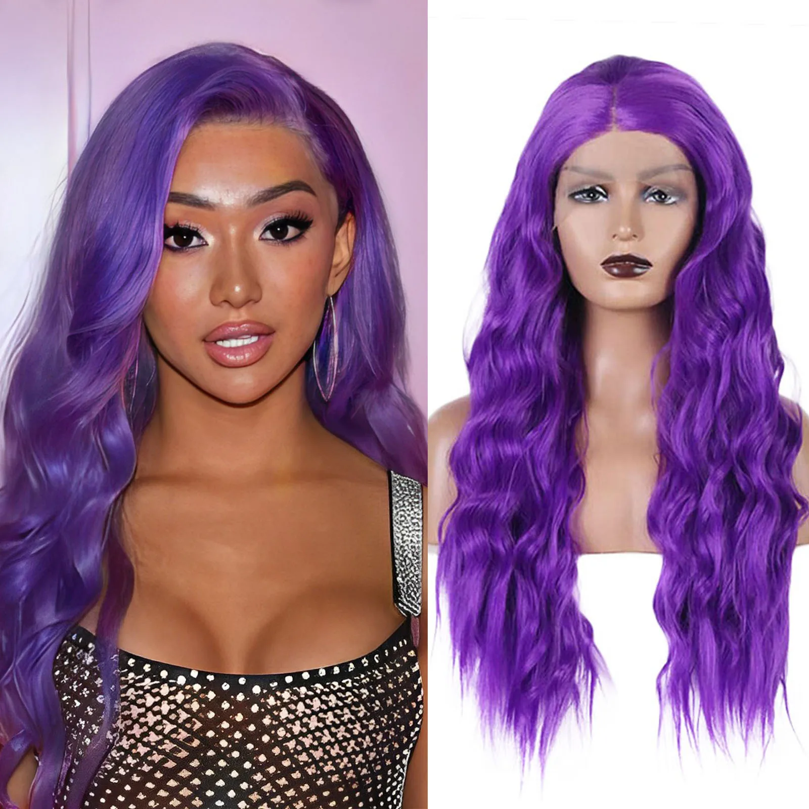 

RONGDUOYI Dark Purple Loose Wave Synthetic Lace Front Wigs Long Hair Side Part Heat Resistant Cosplay Makeup Use Women Girls Wig