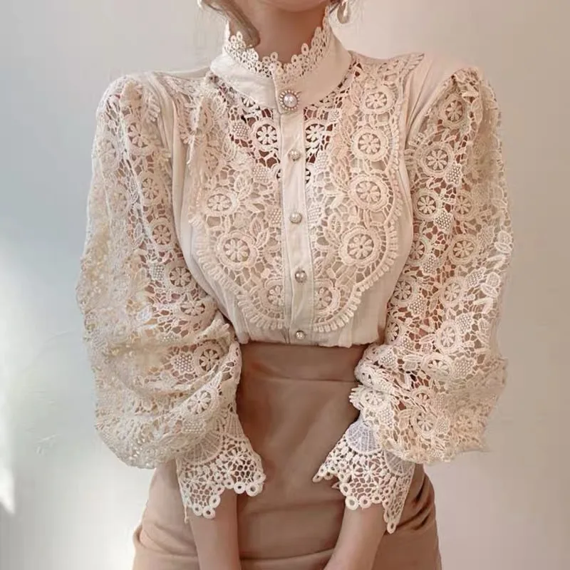 Elegant Lace Tops Embroidery Hollow Out Solid Stand Collar