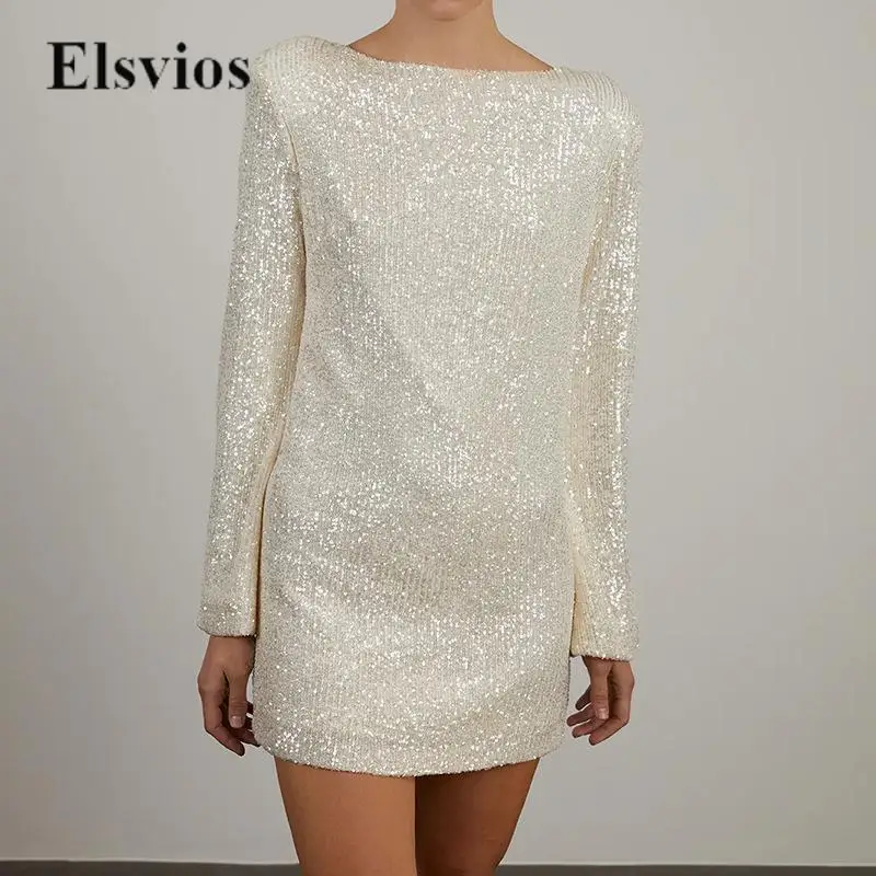 

Elegant O Neck Women Straight Mini Dress Sequin Lady Vintage Long Sleeve Pullover Dress Fashion Simple Shiny Glitter Party Dress
