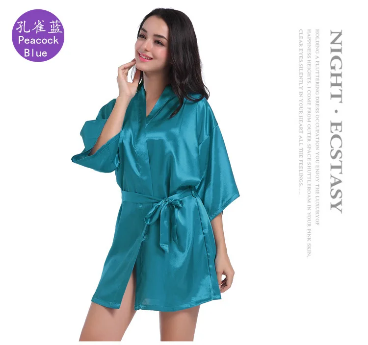 

2022 Women's Nightgown Simulation Silk Satin Kimono Glossy Solid Color Thin Cardigan Spring Autumn Sexy Short Bathrobe B02