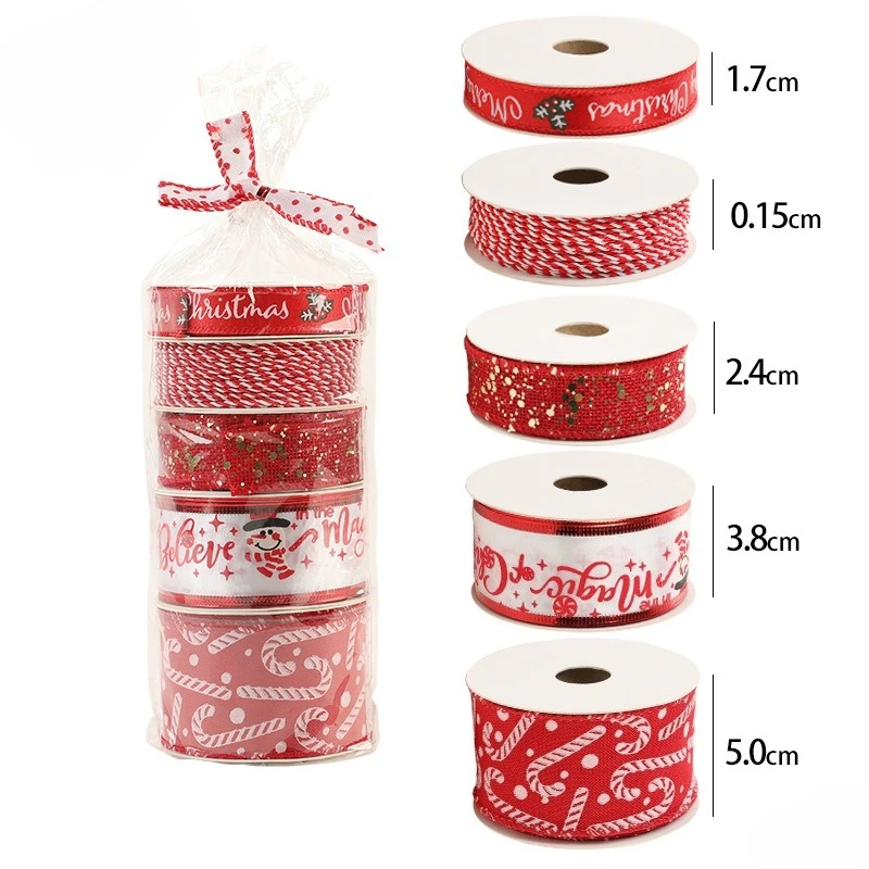 2M Red Green Christmas Ribbon Hot Stamped Linen Printed Christmas Polyester Ribbons New Years Home Decoration Bow Gift Packing
