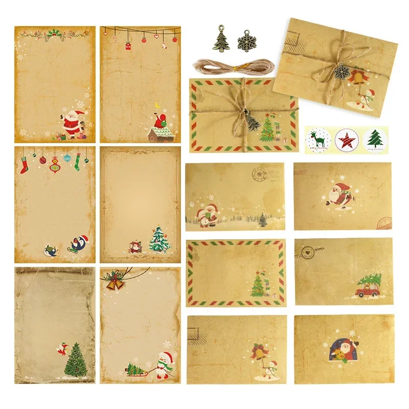 Christmas Kraft Paper Envelopes Santa Claus Snowman Elk Letter Pads MerryXmas Gifts Invitation Greeting Cards Stickers 6-30pcs
