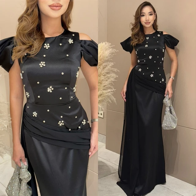 Customized Simple Black Satin Celebrity Gowns Elegant O-Neck Short Sleeves Evening Dresses Modern Special Occasion Gowns 1